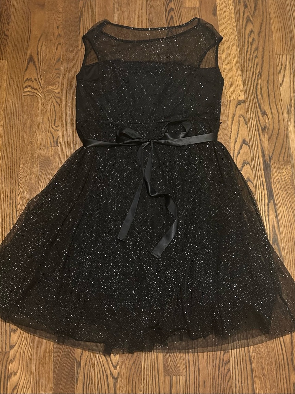Black Sheer Yoke Midi cocktail Dress with Sparkle and Belt - Picture 8 of 8